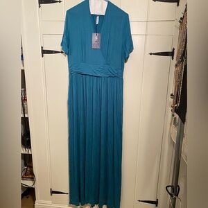 *** LilBetter Teal Knit Maxi V-neck Dress gathered sash waist, short sleeves. 2X